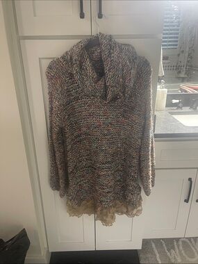 Rye Multicolor Cowl Neck Sweater with Cream Lace Hem